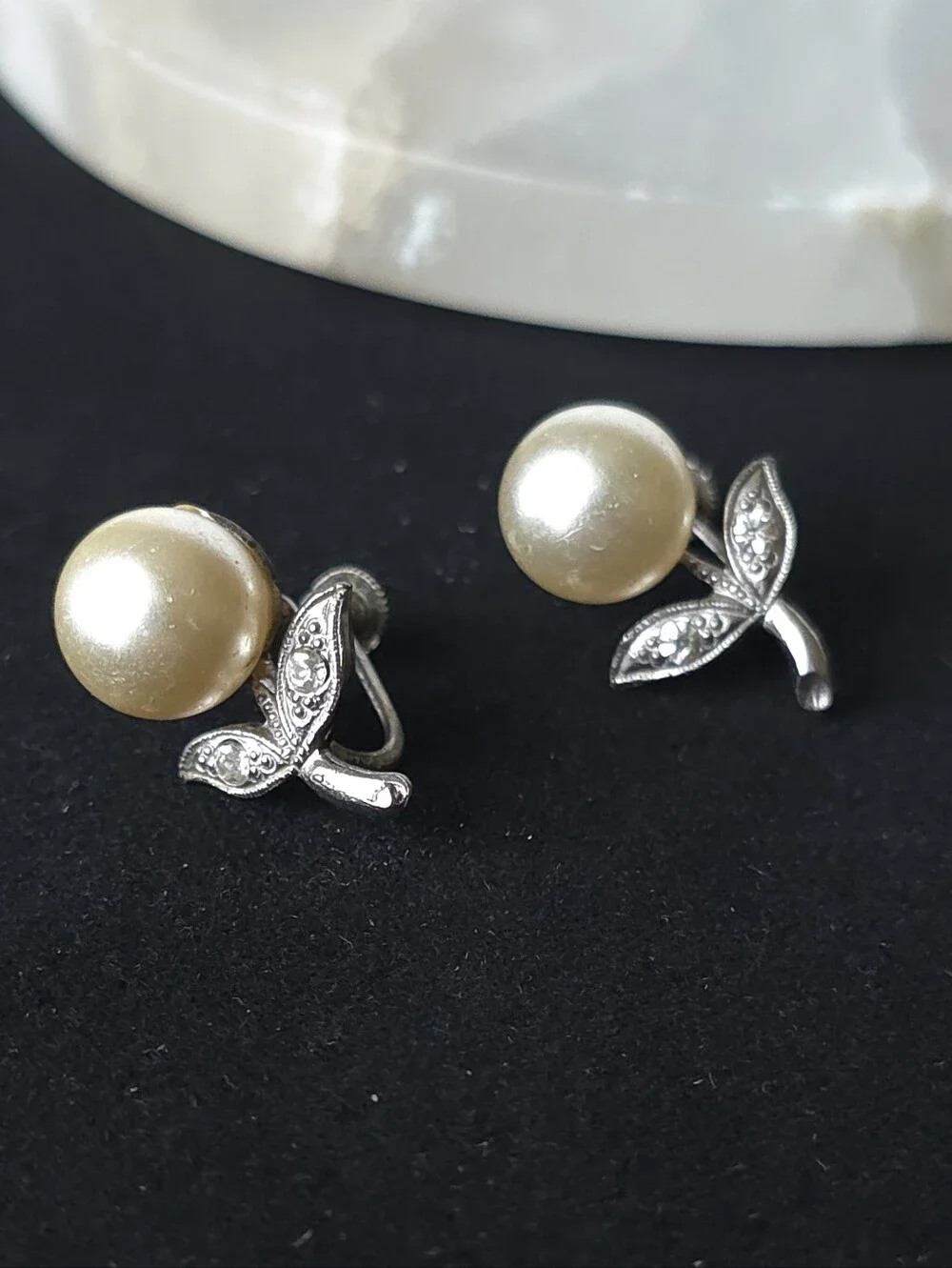 Vintage Sterling Silver Screwback Earrings Faux Pearl And Rhinestone Flower
